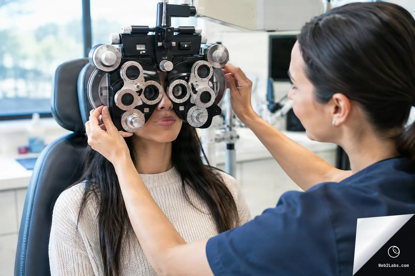 Optometrist adjusts a phoropter in front of a seated patient during an eye exam in a bright clinic room.