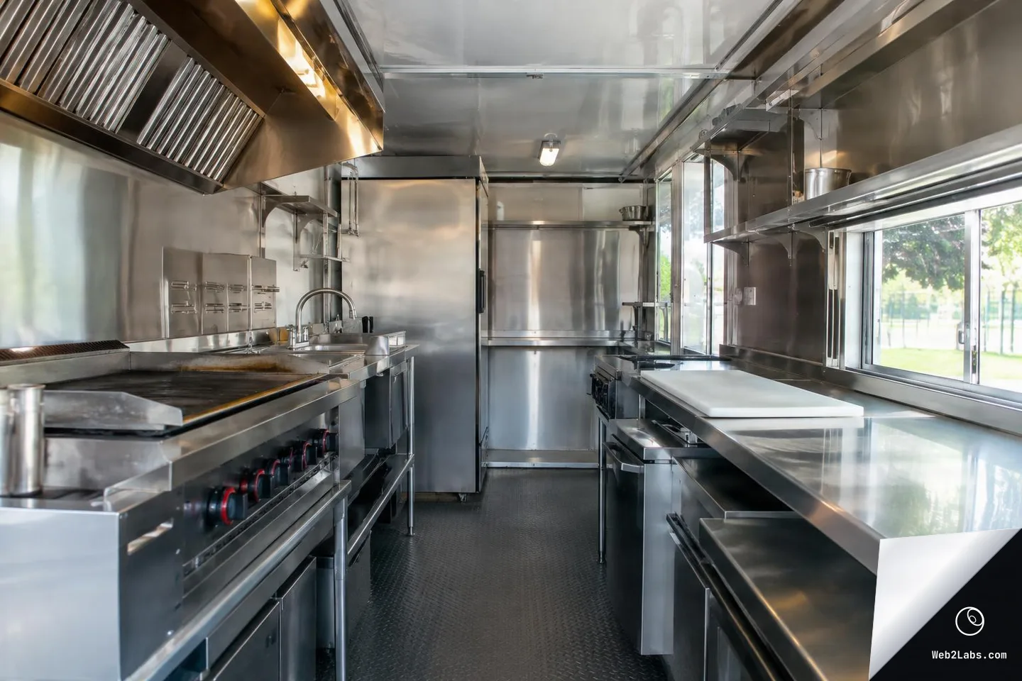 Wide view inside an empty stainless-steel food truck kitchen with grill and hood on the left, sink and refrigerator at the back, and a long prep counter with a cutting board by the service windows on the right.