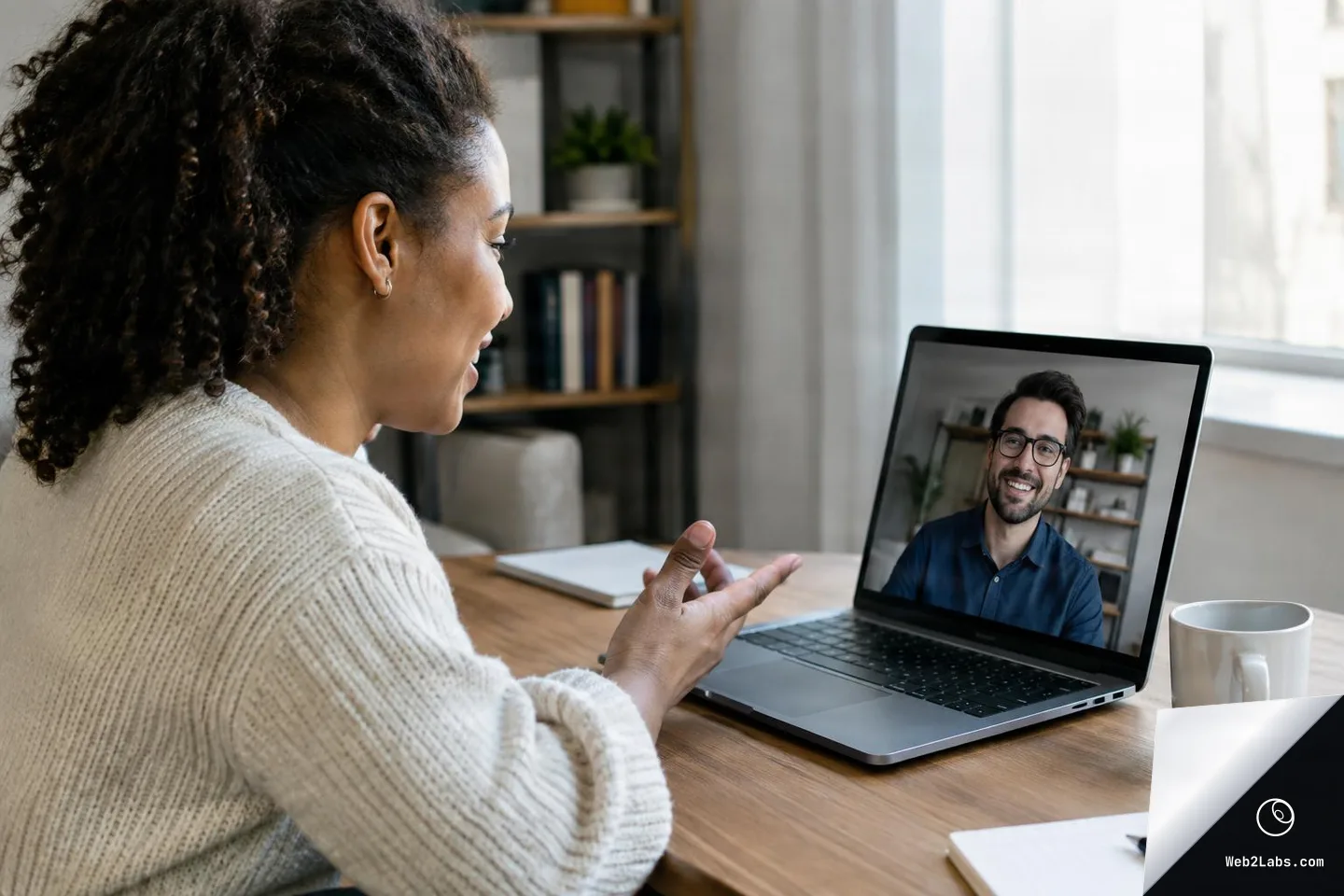 Woman seated at a desk talking and gesturing during a video call on a laptop, with a man visible on the screen in a home office with a mug and notebook nearby.