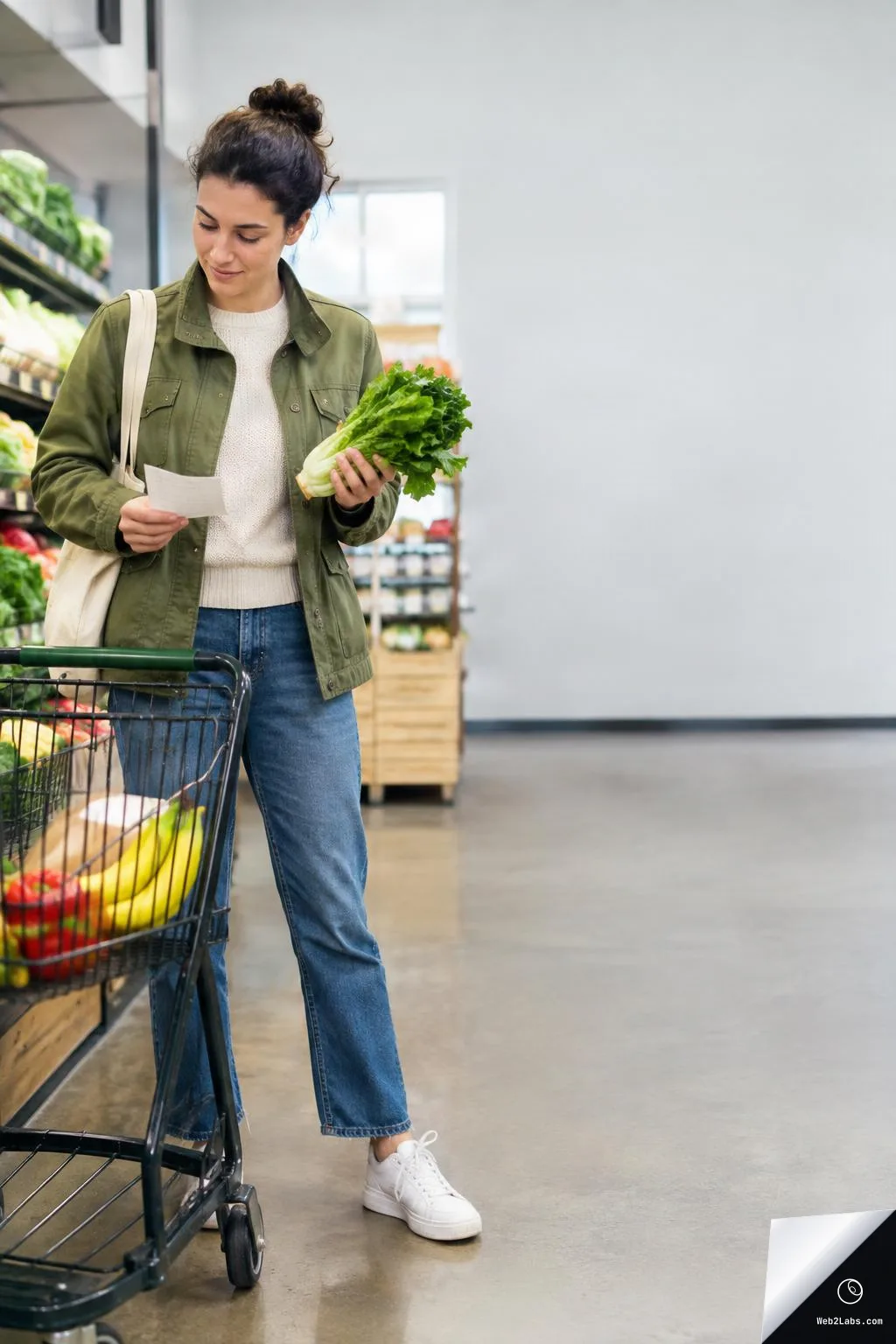 Woman in a grocery store produce aisle holding leafy greens and reading a paper shopping list beside a shopping cart, with open empty space on the right side of the frame.