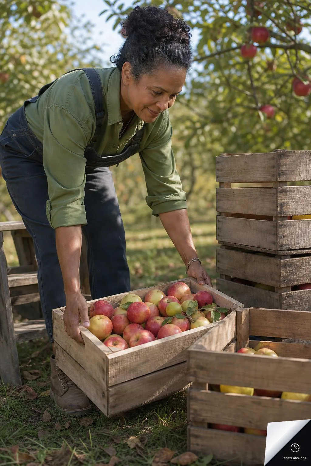 Woman in work overalls lifts a wooden crate full of red and yellow apples beside stacked crates in an apple orchard.