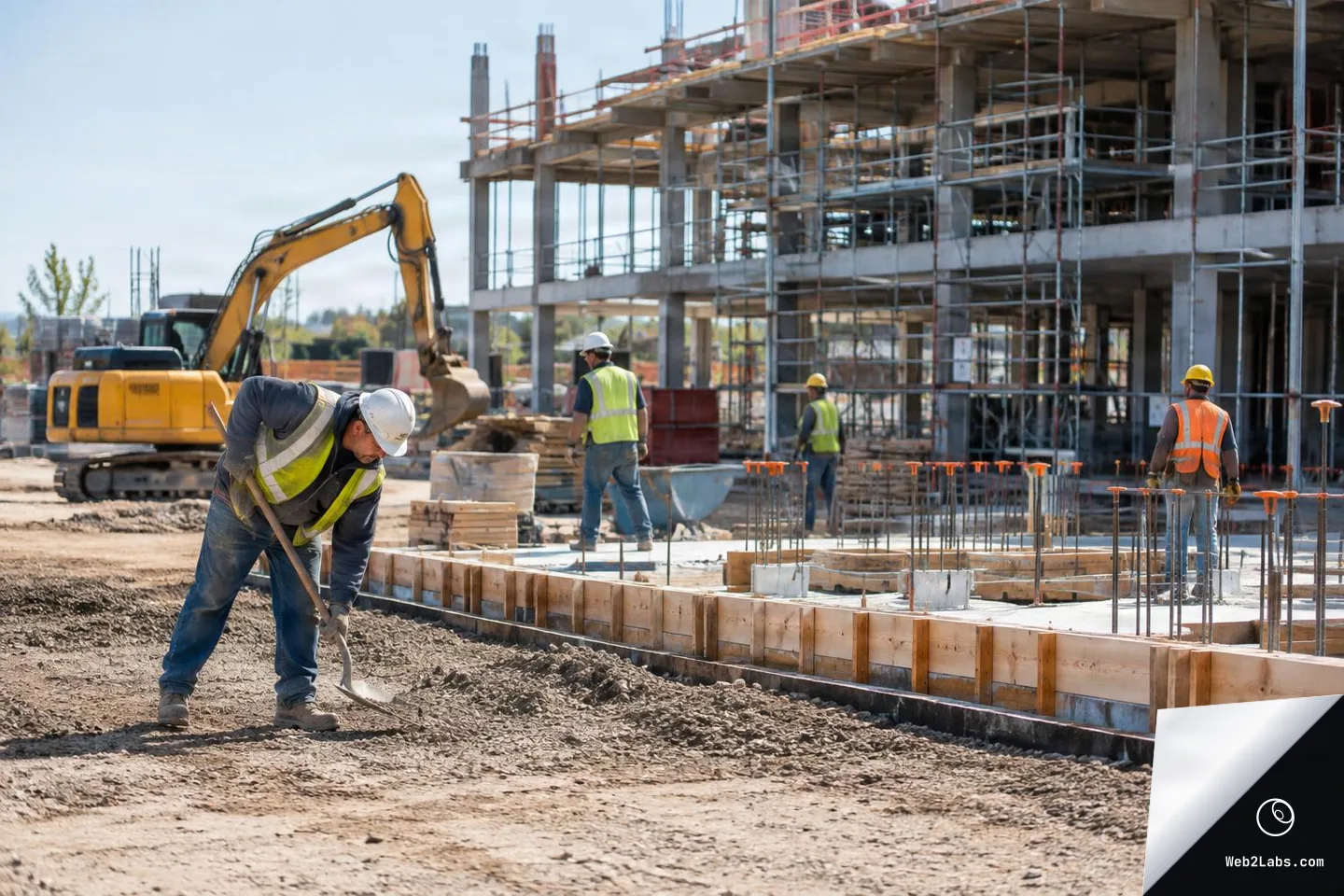 Wide shot of a construction site with a worker shoveling soil in the foreground, other workers in hard hats and safety vests near concrete forms, an excavator on the left, and a multi-story building frame with scaffolding in the background.