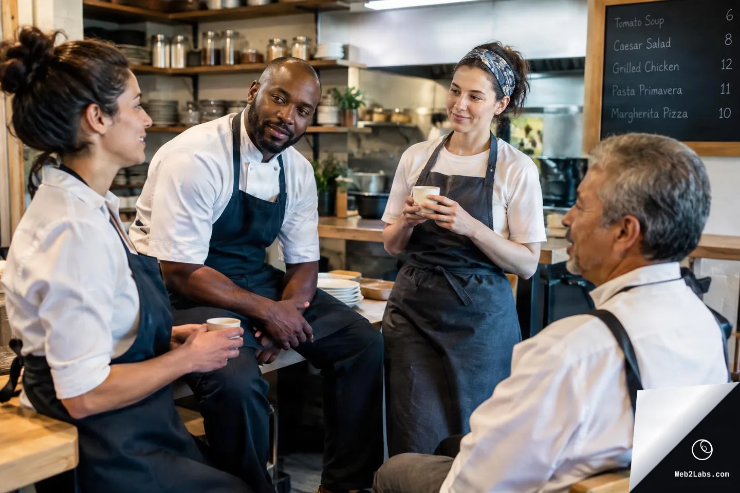 Four restaurant staff in aprons relax in a small kitchen, chatting and holding coffee cups near a counter with shelves and a chalkboard menu in the background.