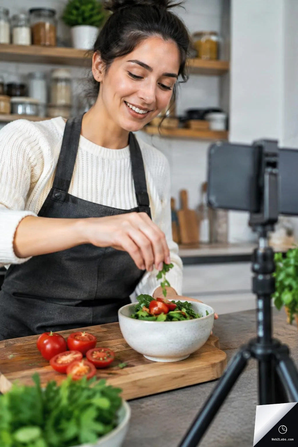 Smiling woman in an apron garnishing a bowl of salad on a kitchen counter while a smartphone on a tripod records, with tomatoes and herbs on a cutting board.