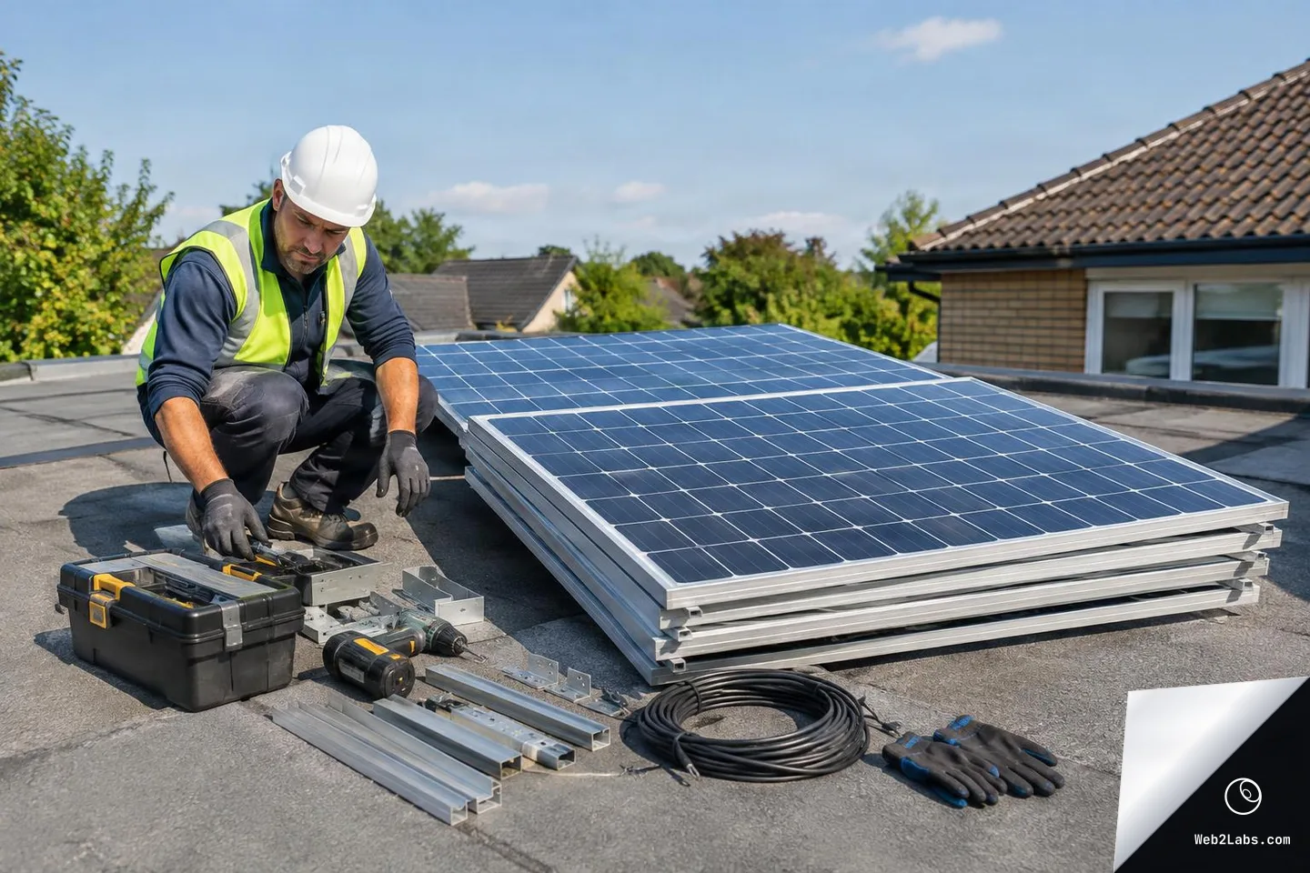 Worker in a hard hat and safety vest kneeling on a flat roof next to a stack of solar panels, with toolbox, drill, mounting brackets and rails, coiled cable, and gloves arranged on the roof under a clear blue sky.