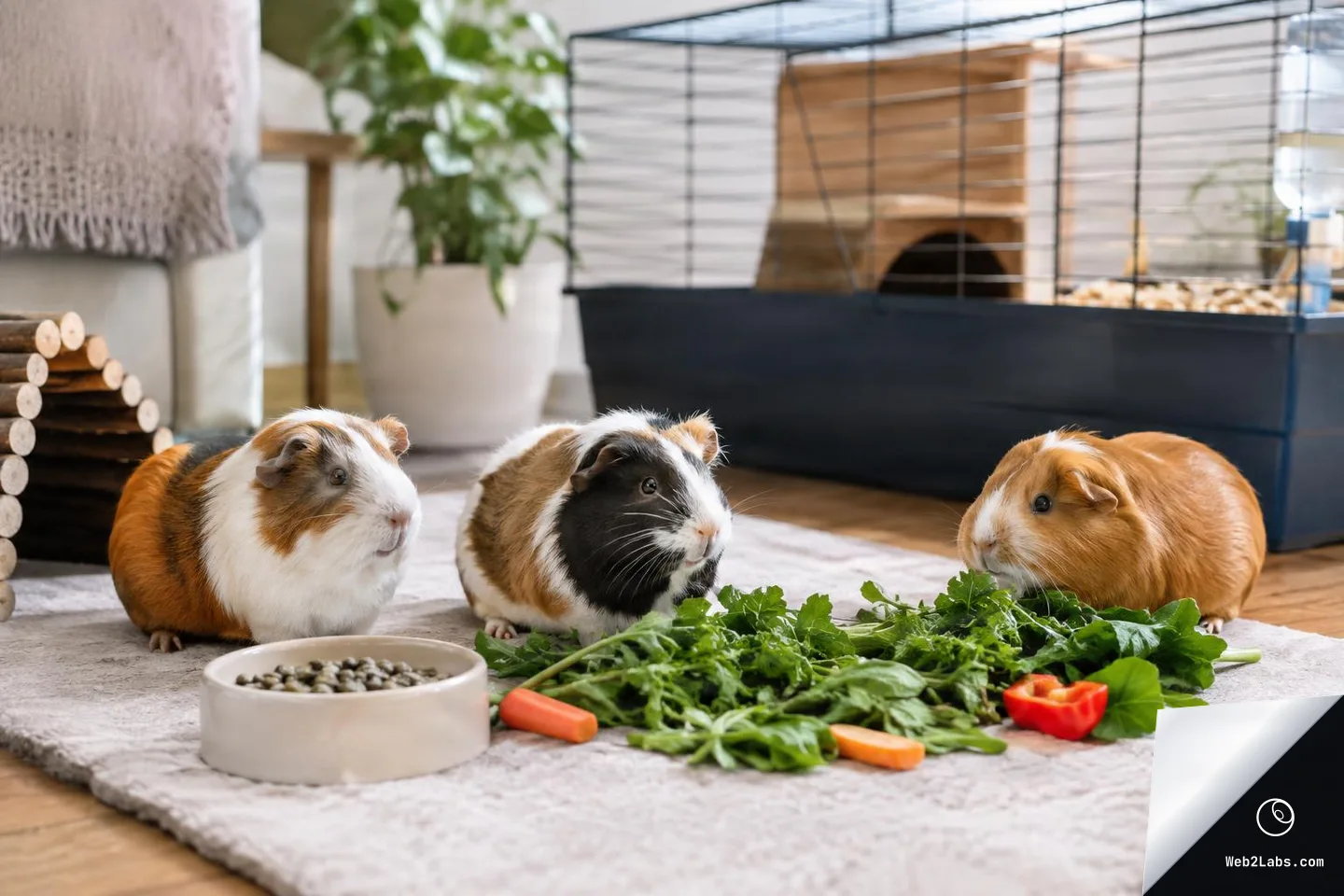 Three guinea pigs on a light rug eating fresh leafy greens and vegetables beside a pellet bowl, with a small animal cage in the background.