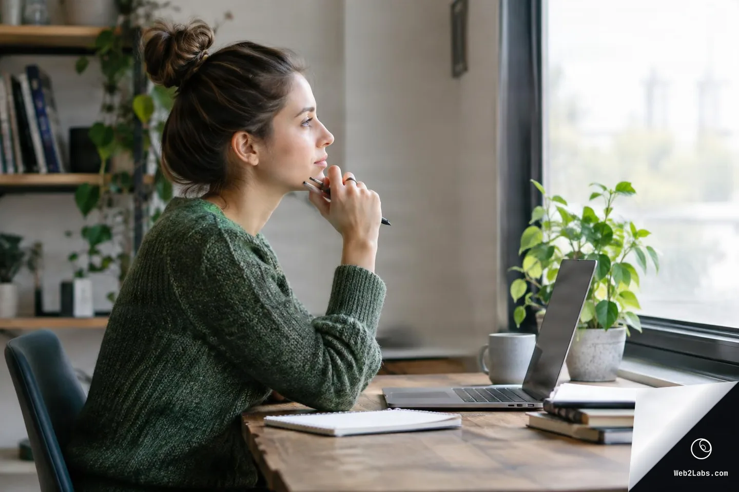 Side profile of a woman in a green sweater sitting at a wooden desk with an open laptop, notebook, and books, holding a pen near her chin while looking out a bright window with a potted plant nearby.