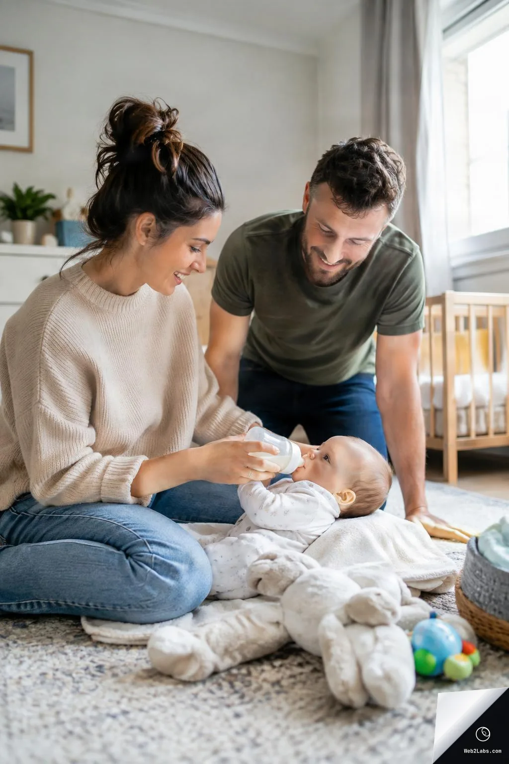 A mother sits on a rug feeding a baby with a bottle while a father leans in smiling, in a bright nursery with a crib, stuffed toy, and small baby toys nearby.