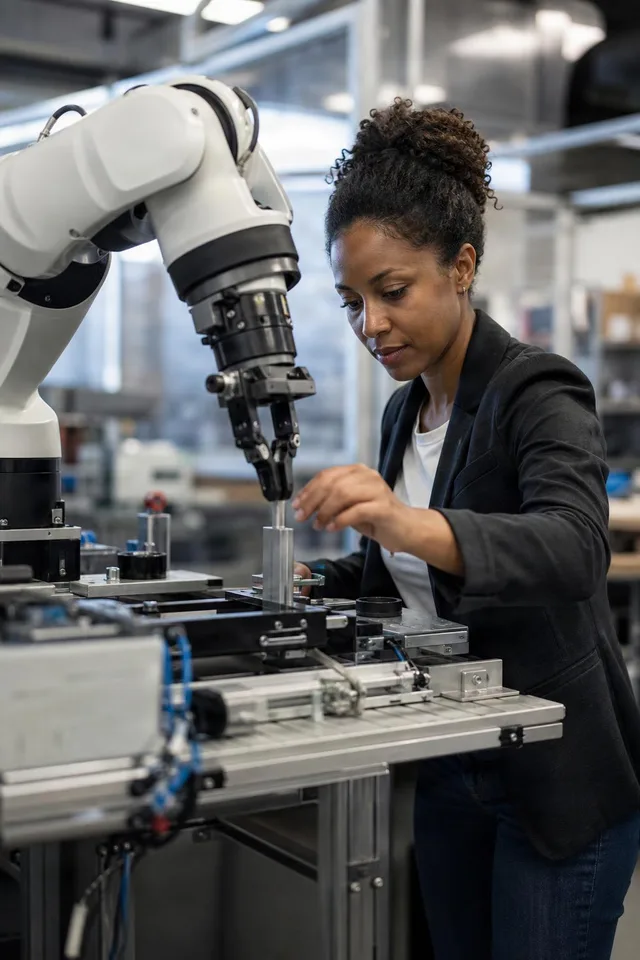 Engineer Collaborating With Robot Arm