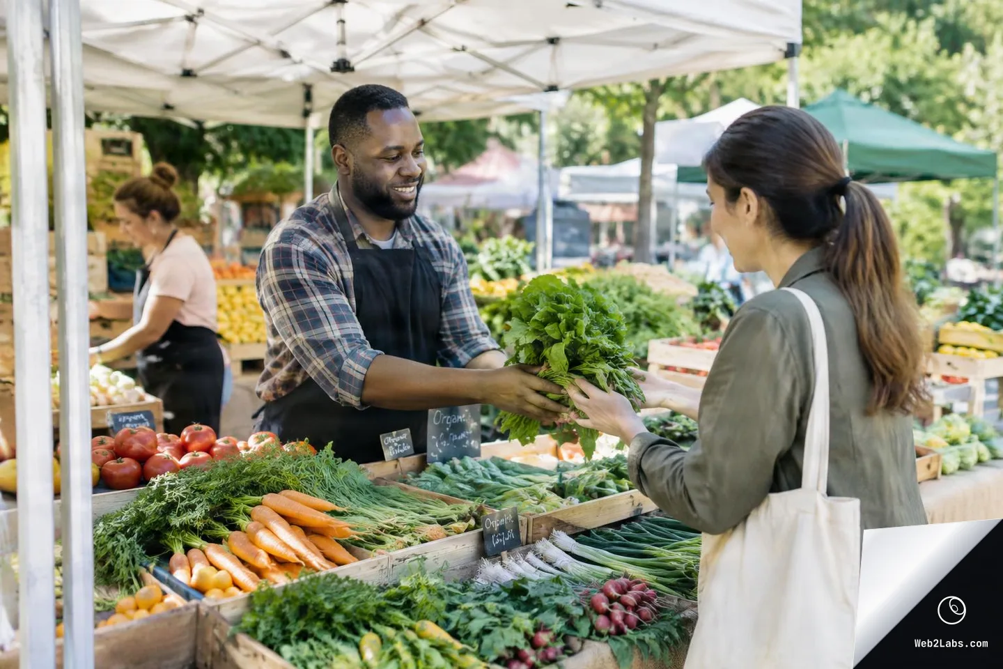 A market seller in an apron hands a bunch of leafy greens to a woman with a tote bag across a produce stall filled with carrots, tomatoes, and other vegetables under a white canopy.
