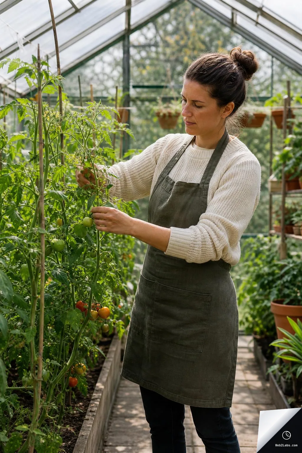 Woman in an apron inspecting and holding a tomato plant in a glass greenhouse with trellised vines and hanging pots.