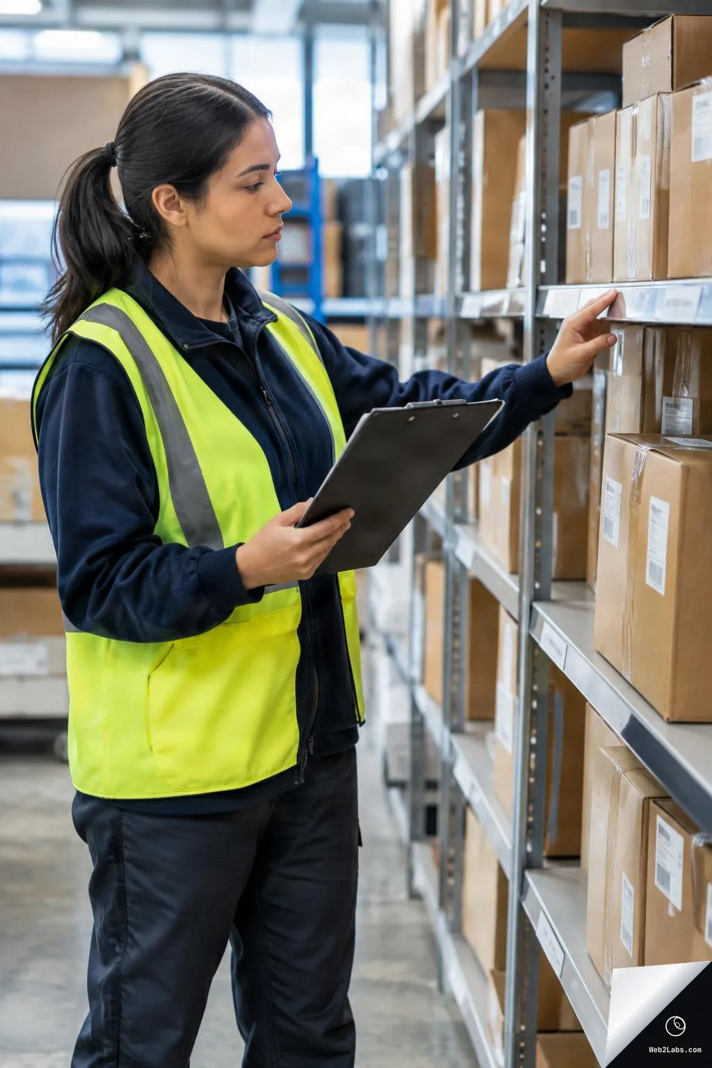 Warehouse worker in a high-visibility vest holding a clipboard while checking labeled cardboard boxes on metal storage shelves.