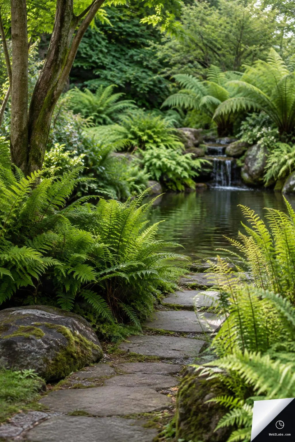 Stone path winding through dense green ferns beside a still pond, with a small waterfall and mossy rocks in the background under soft daylight.