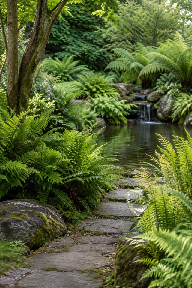 Fern Garden Path by Pond