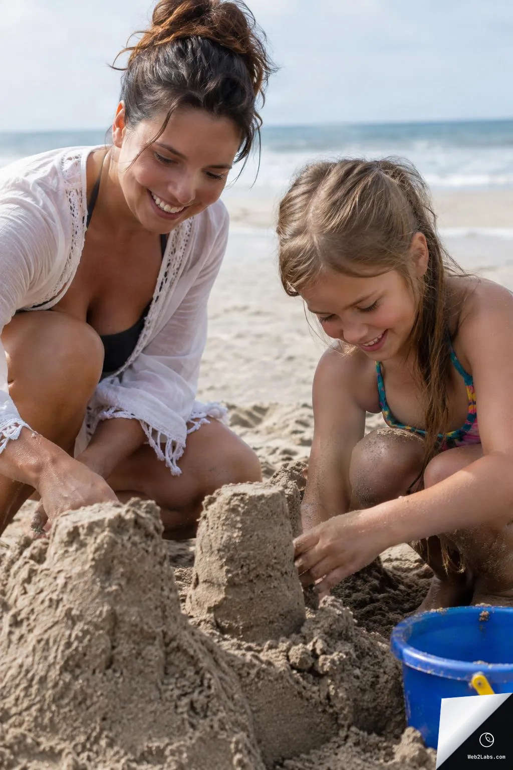 A mother and her young daughter kneel in the sand on a beach, smiling as they build sandcastles beside a blue bucket, with the ocean and sky in the background.