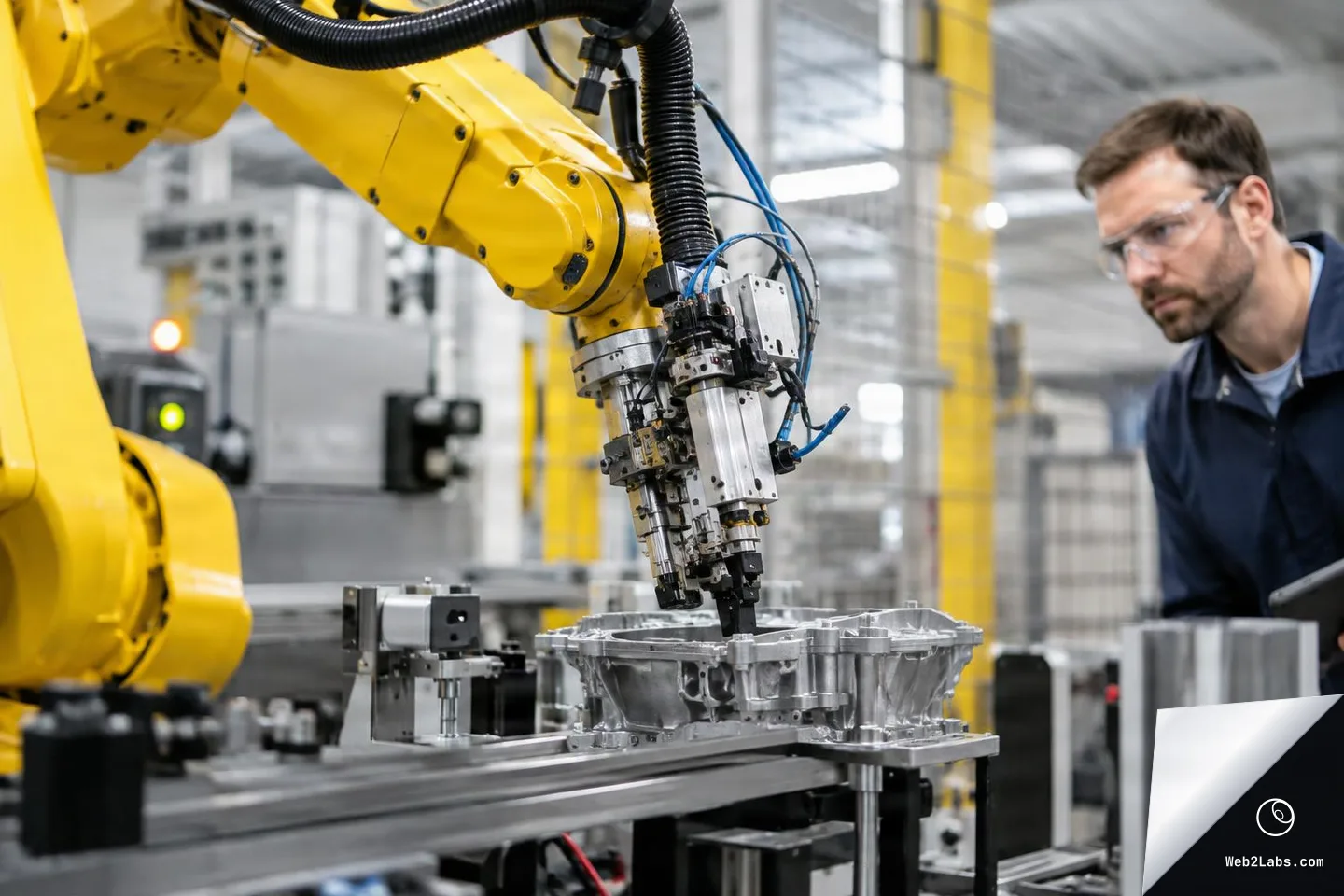 Yellow industrial robot arm performing a precision operation on a silver metal part on a fixture while a technician wearing safety glasses watches in a factory robot cell.