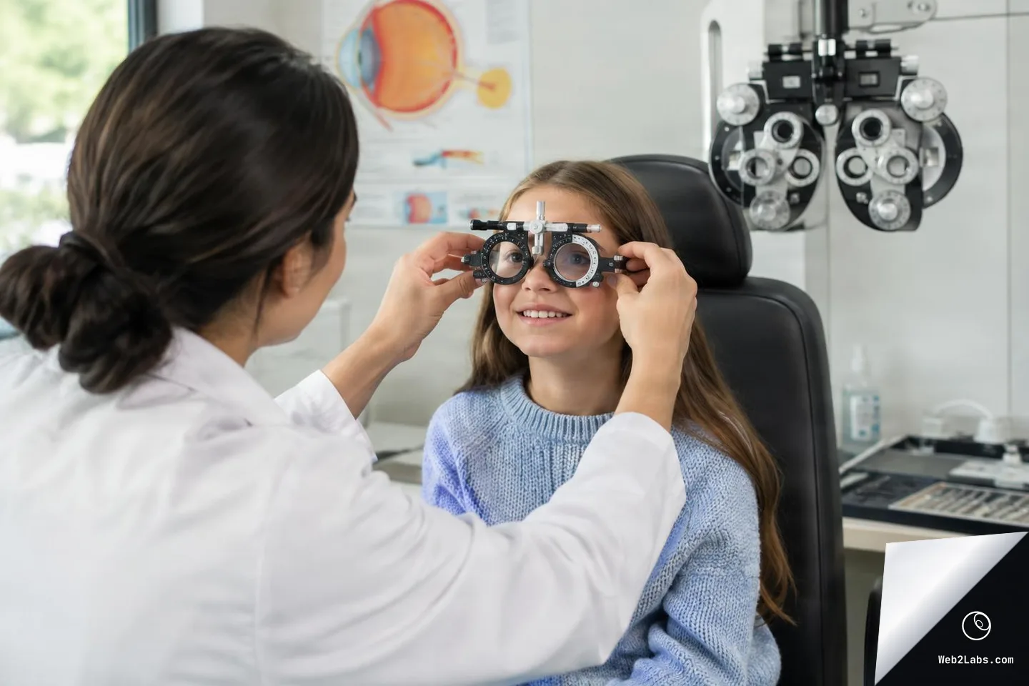 Optometrist adjusts a trial frame on a young girl seated in an exam chair during an eye appointment, with eye-testing equipment and an eye anatomy poster in the background.