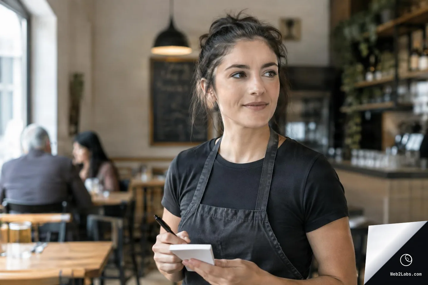 Restaurant server in a dark apron holds a notepad and pen while looking to the side inside a casual café, with patrons and tables blurred in the background.