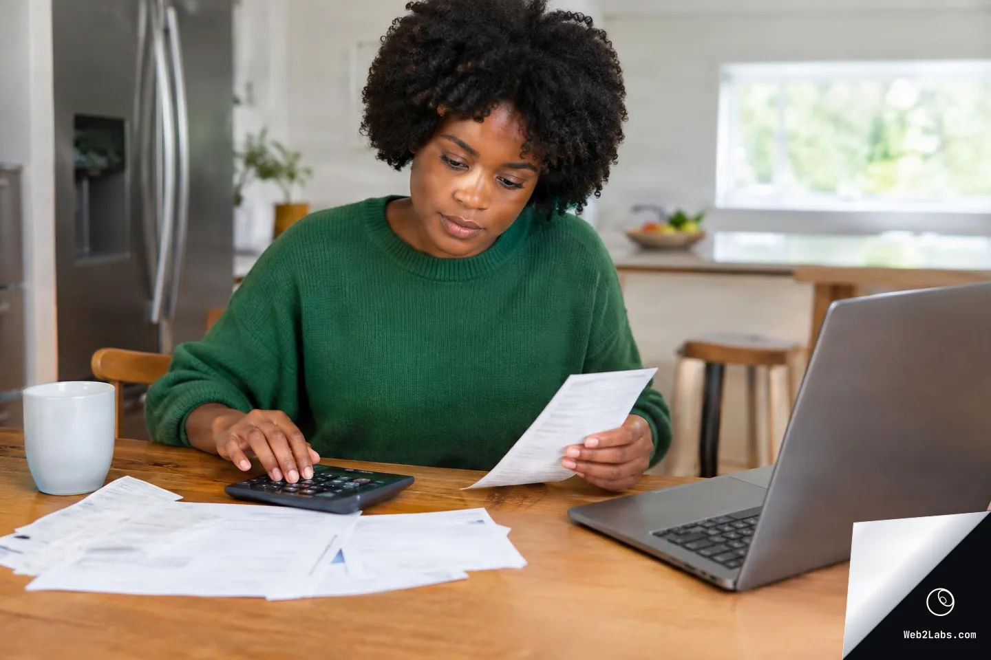 Woman in a green sweater sits at a wooden kitchen table comparing paper bills while using a calculator next to an open laptop and a coffee mug.