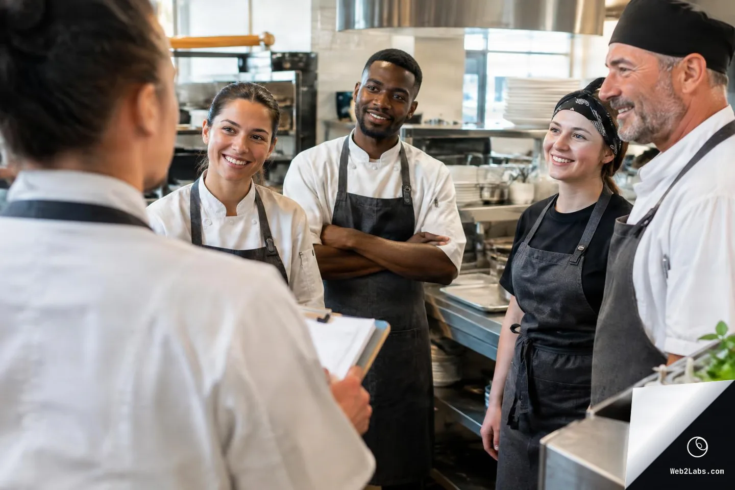 Over-the-shoulder view of a chef holding a clipboard while three cooks and a kitchen staff member smile and listen in a restaurant kitchen with stainless steel equipment in the background.