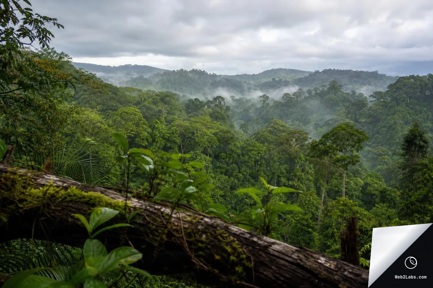 Moss-covered fallen log and leafy plants in the foreground overlooking a lush green rainforest canopy with mist and low clouds over rolling hills beneath a gray overcast sky.
