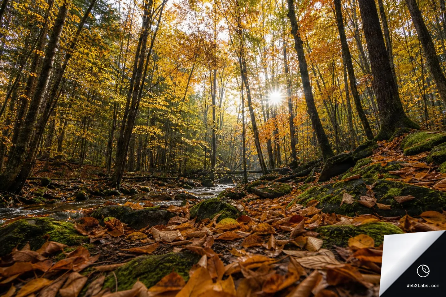 Low-angle photo of an autumn forest with a shallow stream, mossy rocks, and fallen leaves in the foreground, with sun rays shining through yellow and orange trees.