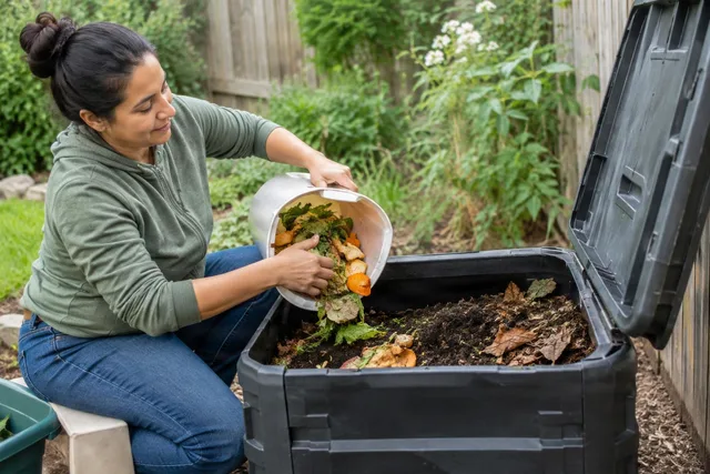 Adding Kitchen Scraps to Compost Bin