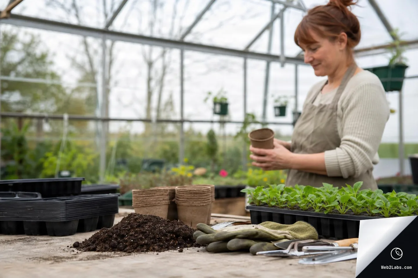 Potting bench in a greenhouse with a pile of soil, stacked biodegradable pots, gloves and hand tools in the foreground, seedling trays nearby, and a woman in an apron holding a small pot in the background.