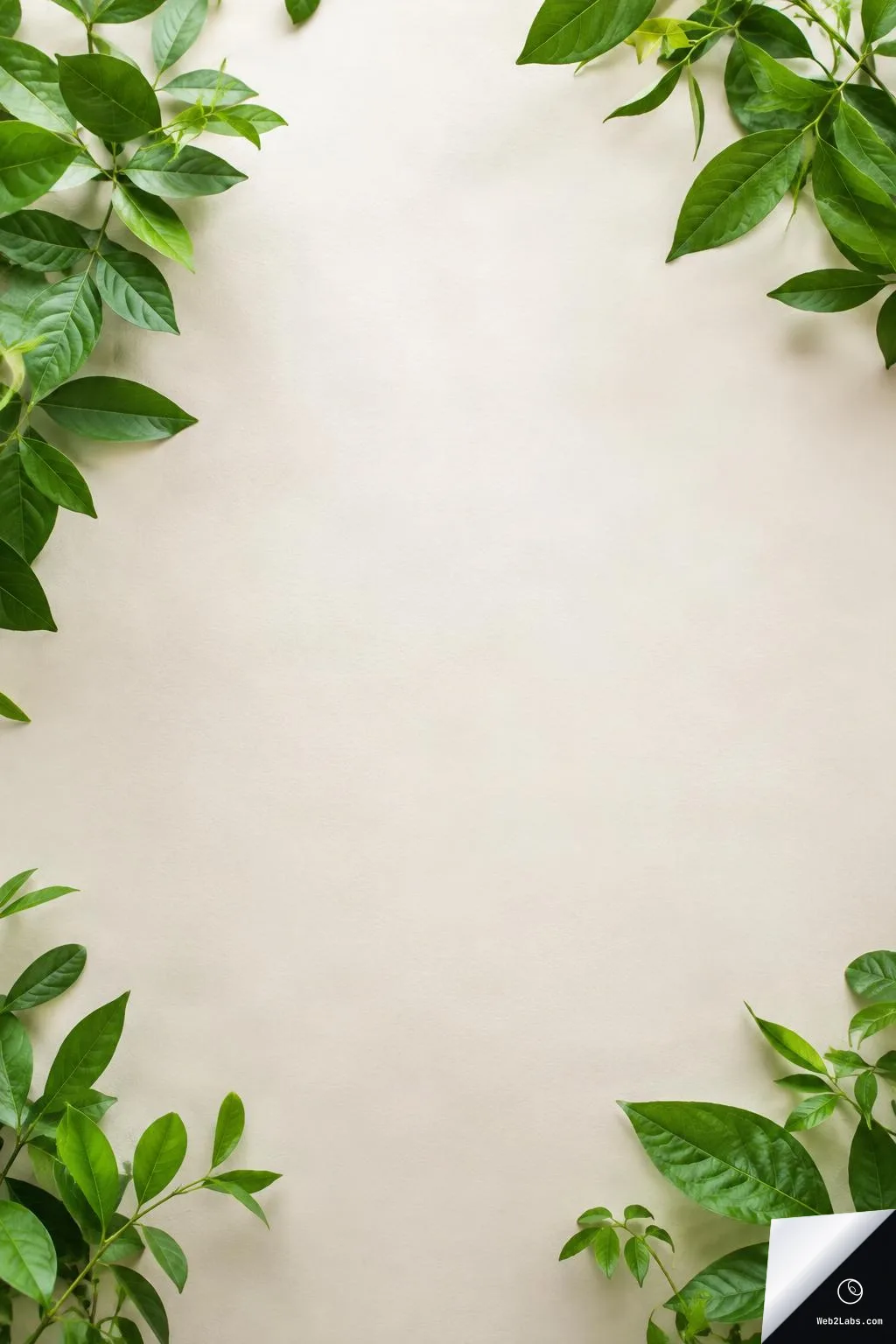 Green leafy branches framing the top, left, and bottom corners around a warm beige blank background with wide empty space in the center.