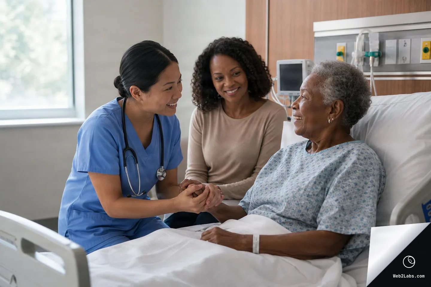 A nurse in blue scrubs holds the hand of an elderly woman in a hospital bed while a family member sits nearby smiling in a bright patient room.