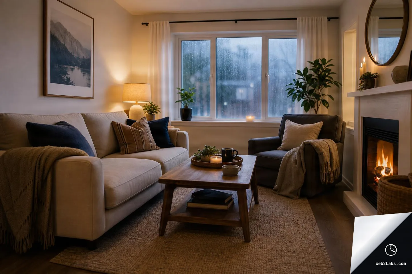 Small cozy living room with a beige sofa and dark armchair facing a wooden coffee table with candles and mugs, a lit fireplace on the right, and a large window with raindrops in the background.