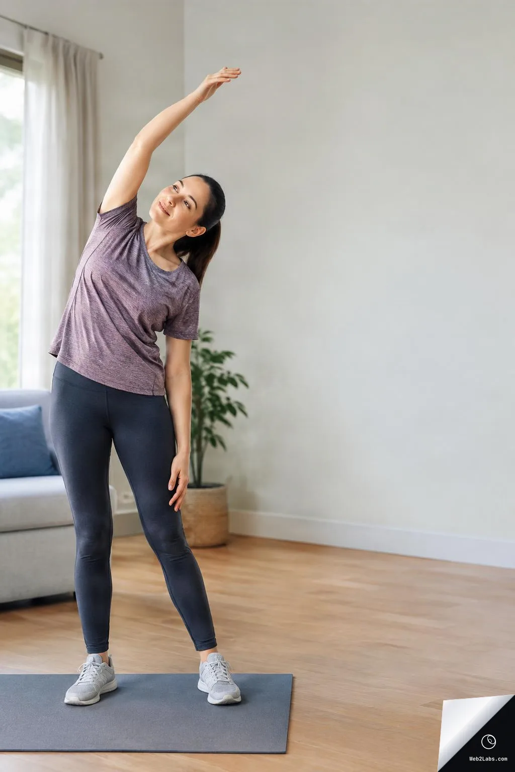 Woman in athletic wear performing a standing side stretch on a yoga mat in a bright living room, with open space on the right for text.
