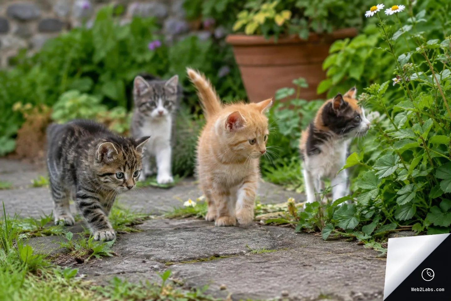 Four young kittens walking and looking around on a stone garden path with leafy plants and small white flowers in the background.