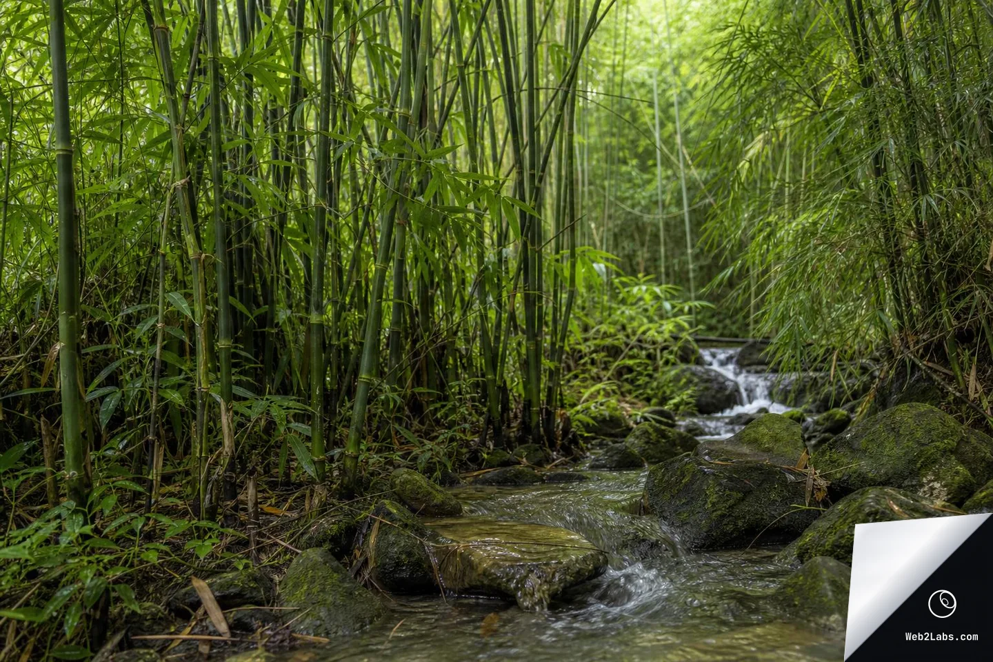 A shallow stream running between moss-covered rocks in a dense bamboo grove, with tall bamboo stalks and lush green leaves filling the frame.