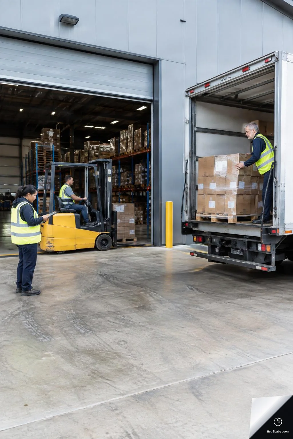Vertical wide shot of a warehouse loading dock with a forklift operator inside the warehouse, a worker with a clipboard in the foreground, and another worker in a truck positioning a shrink-wrapped pallet of boxes at the open loading area.