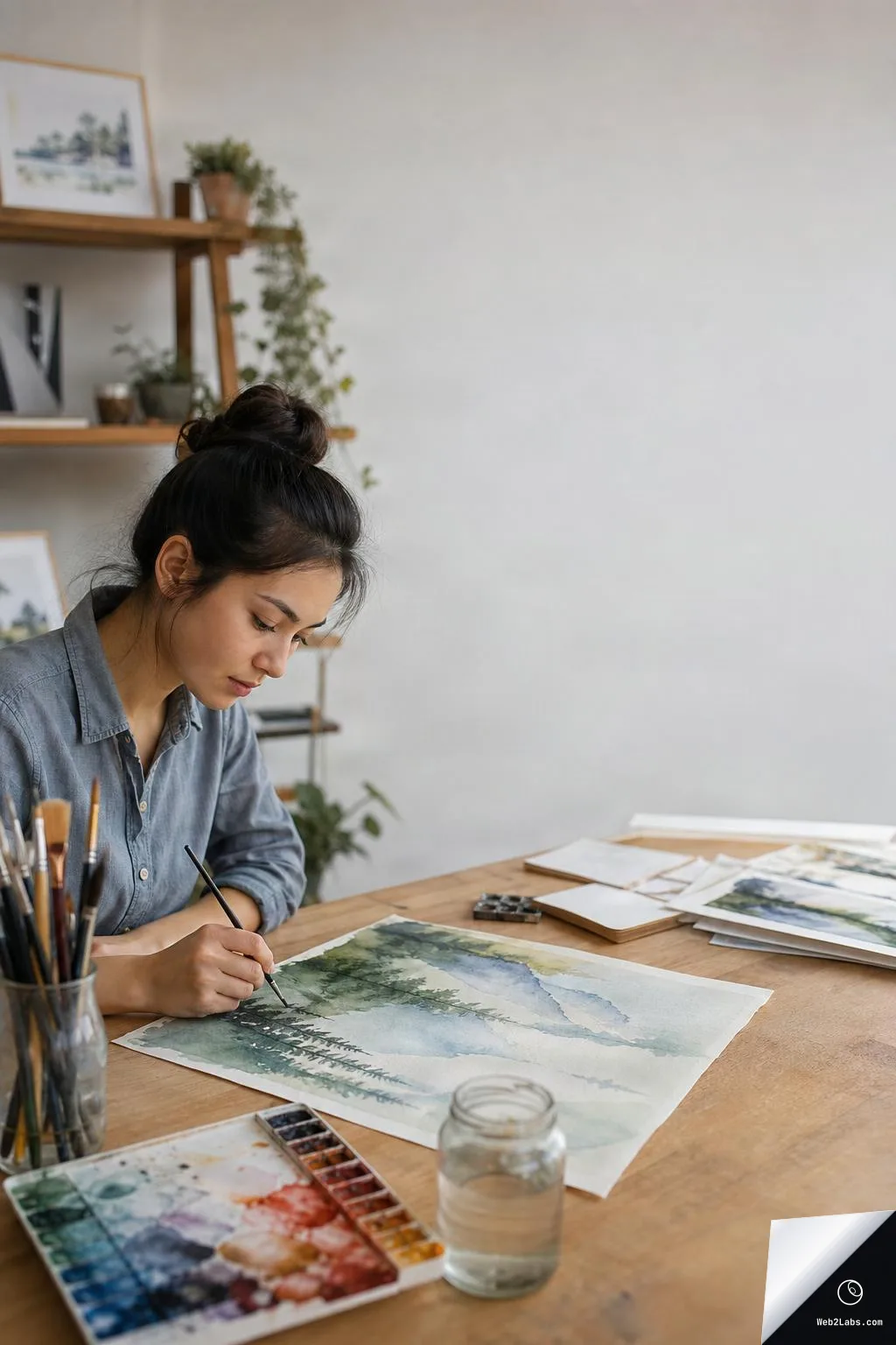 Woman seated at a wooden table painting a watercolor landscape with a brush, surrounded by a paint palette, brushes, and a jar of water, with a large blank wall area on the right for text.