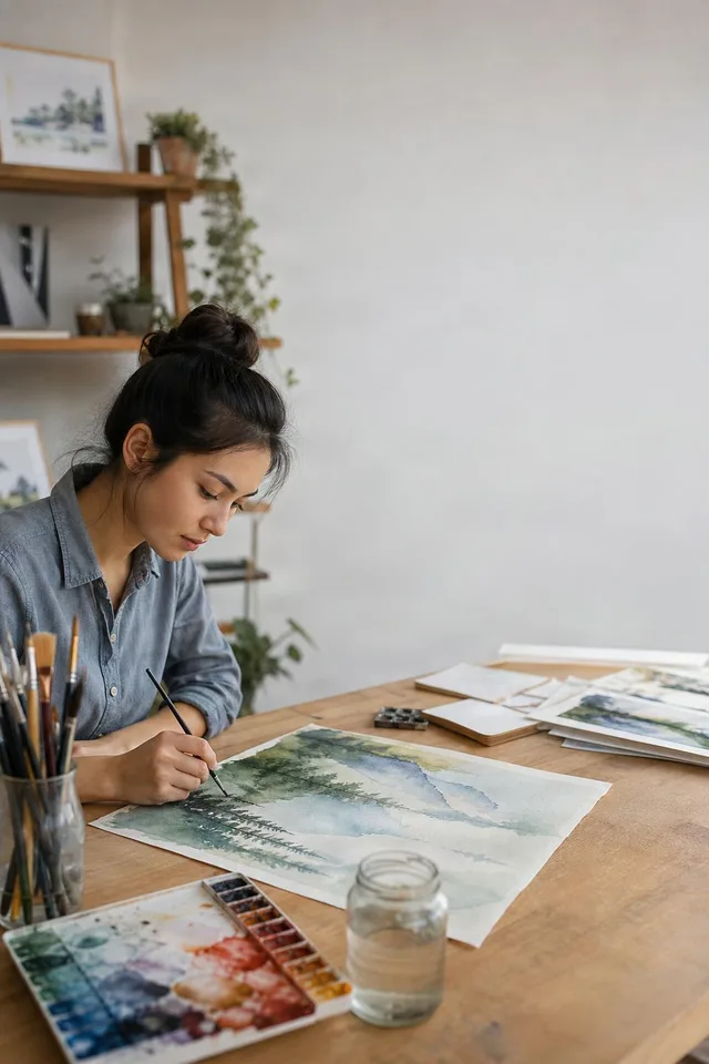 Artist Painting Watercolor Landscape
