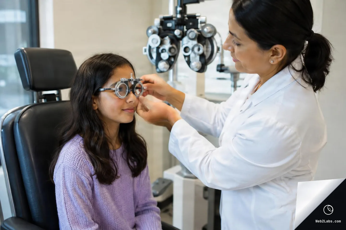 Optometrist in a white coat adjusts trial frames on a seated young patient in an eye exam chair, with a phoropter visible in the background.