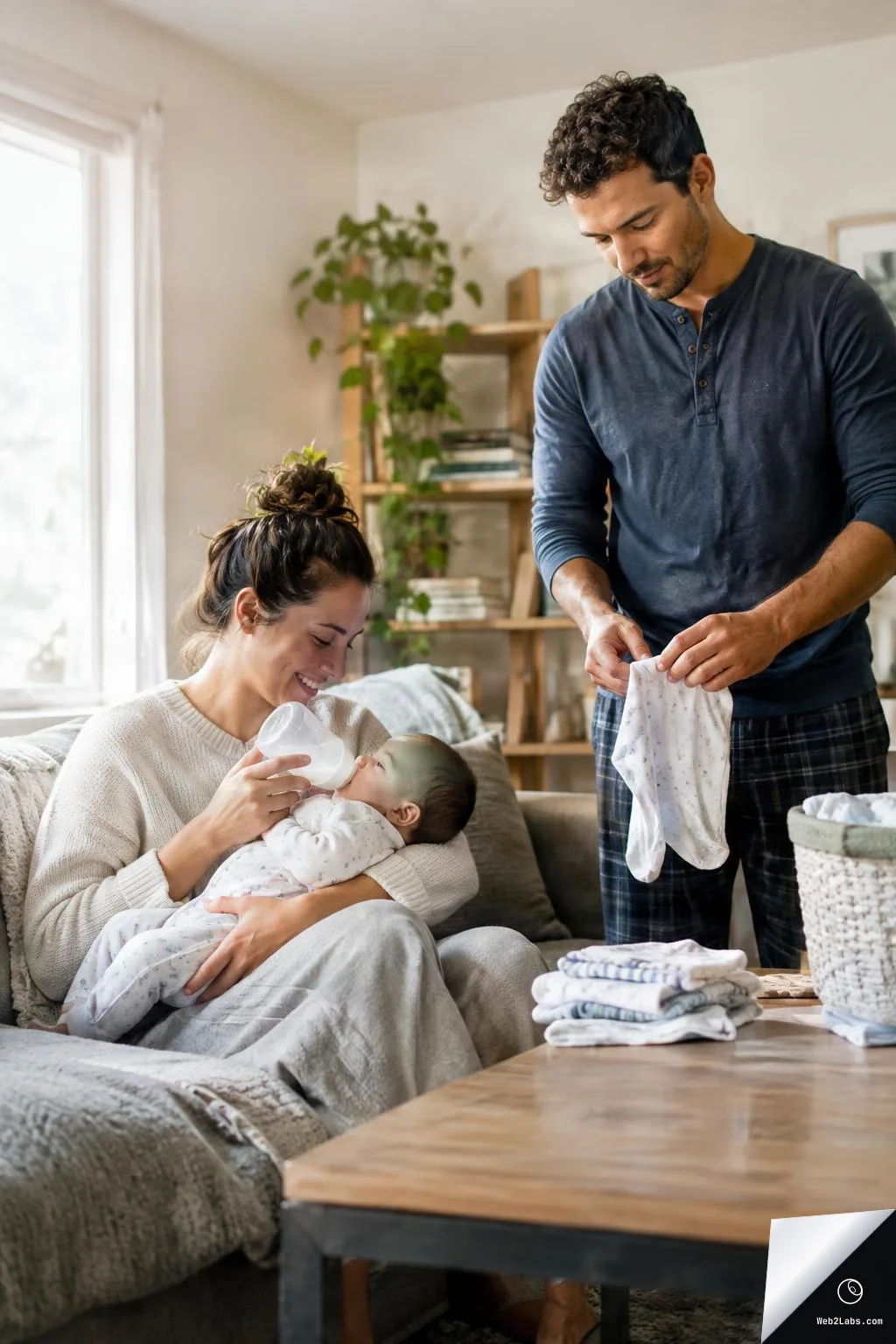 Mother sitting on a sofa bottle-feeding a baby while a father stands nearby folding baby clothes, with a stack of folded laundry on a coffee table in a sunlit living room.