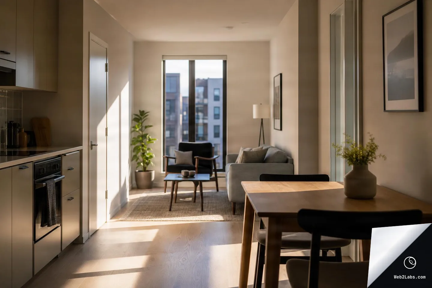 Modern small apartment interior with kitchenette on the left, dining table in the foreground, and a sofa and armchair by a large window with sunlight casting long shadows across the floor.