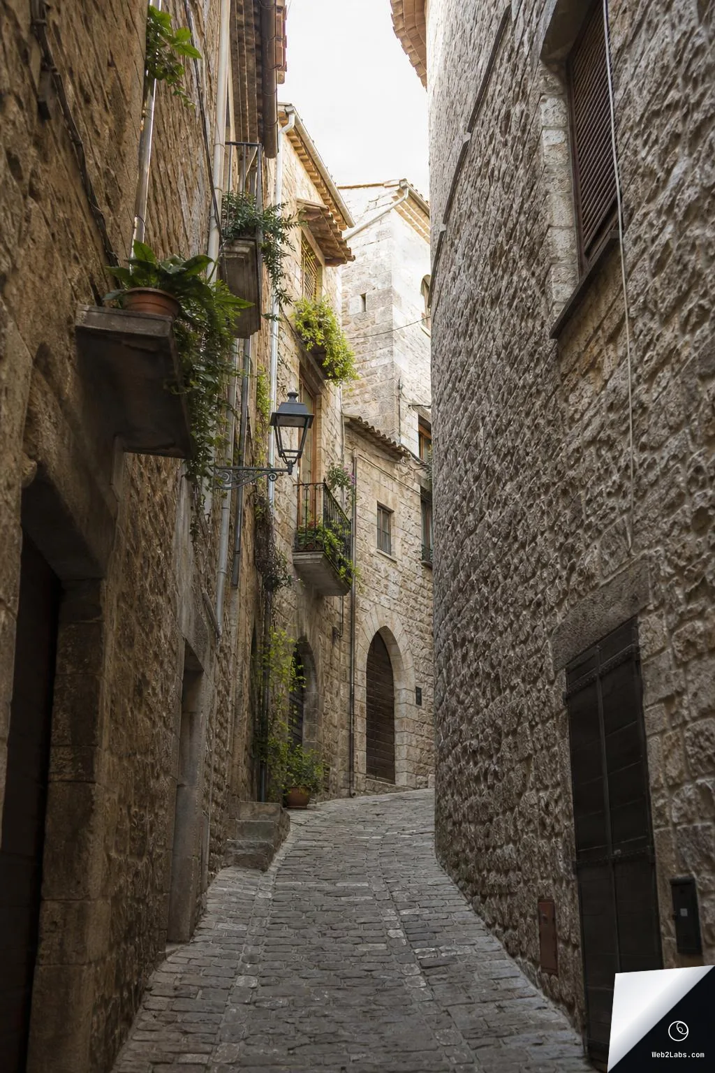 Narrow cobblestone alley between tall stone buildings, with small balconies, potted plants, and a wall-mounted lantern, leading uphill toward a bright sky.