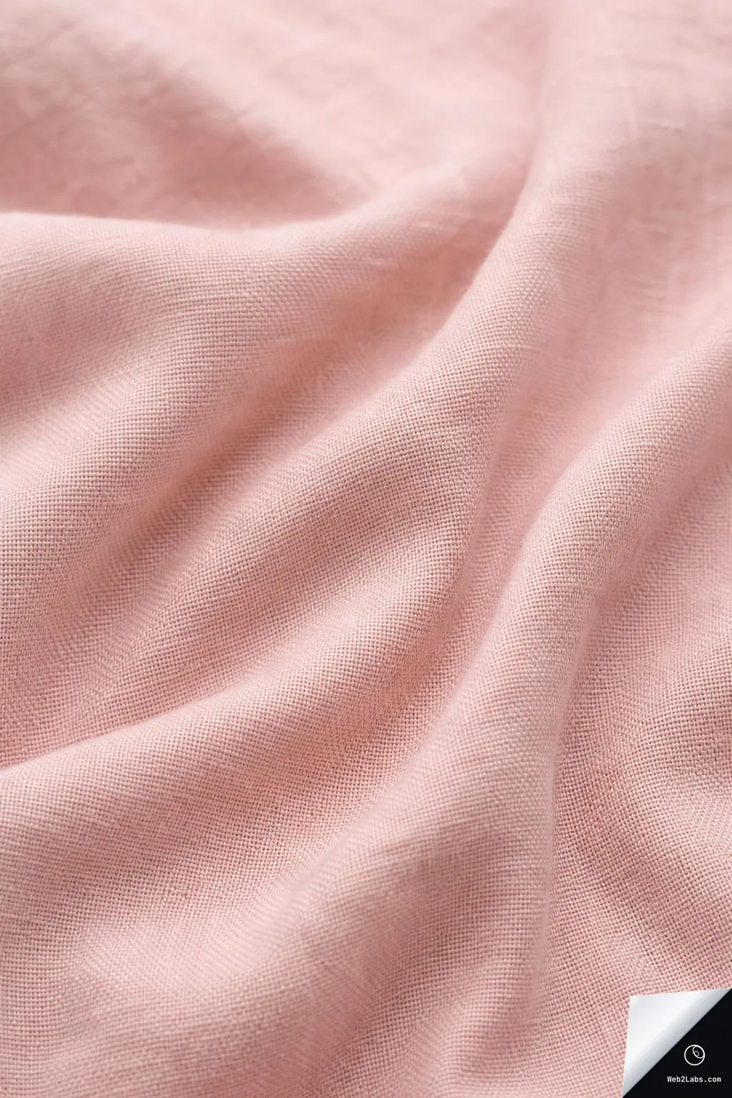 Close-up of blush pink woven fabric with soft folds and subtle texture filling the frame.