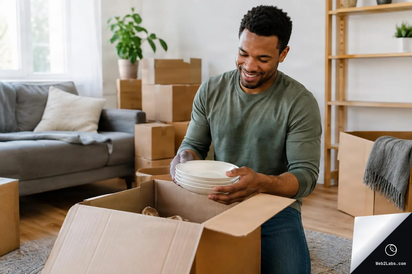 Smiling man kneeling on a rug while unpacking white plates from a cardboard moving box in a bright living room with more boxes, a sofa, and shelves in the background.