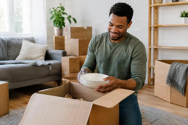 Man Unpacking Dishes in New Home