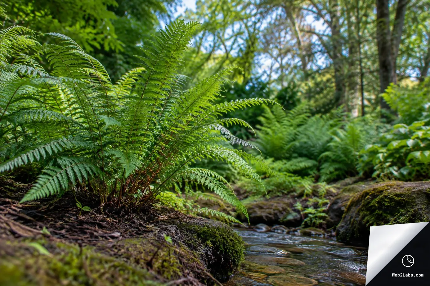 Low-angle photo of bright green fern fronds on a mossy creek bank with a shallow stream flowing through a leafy forest in the background.