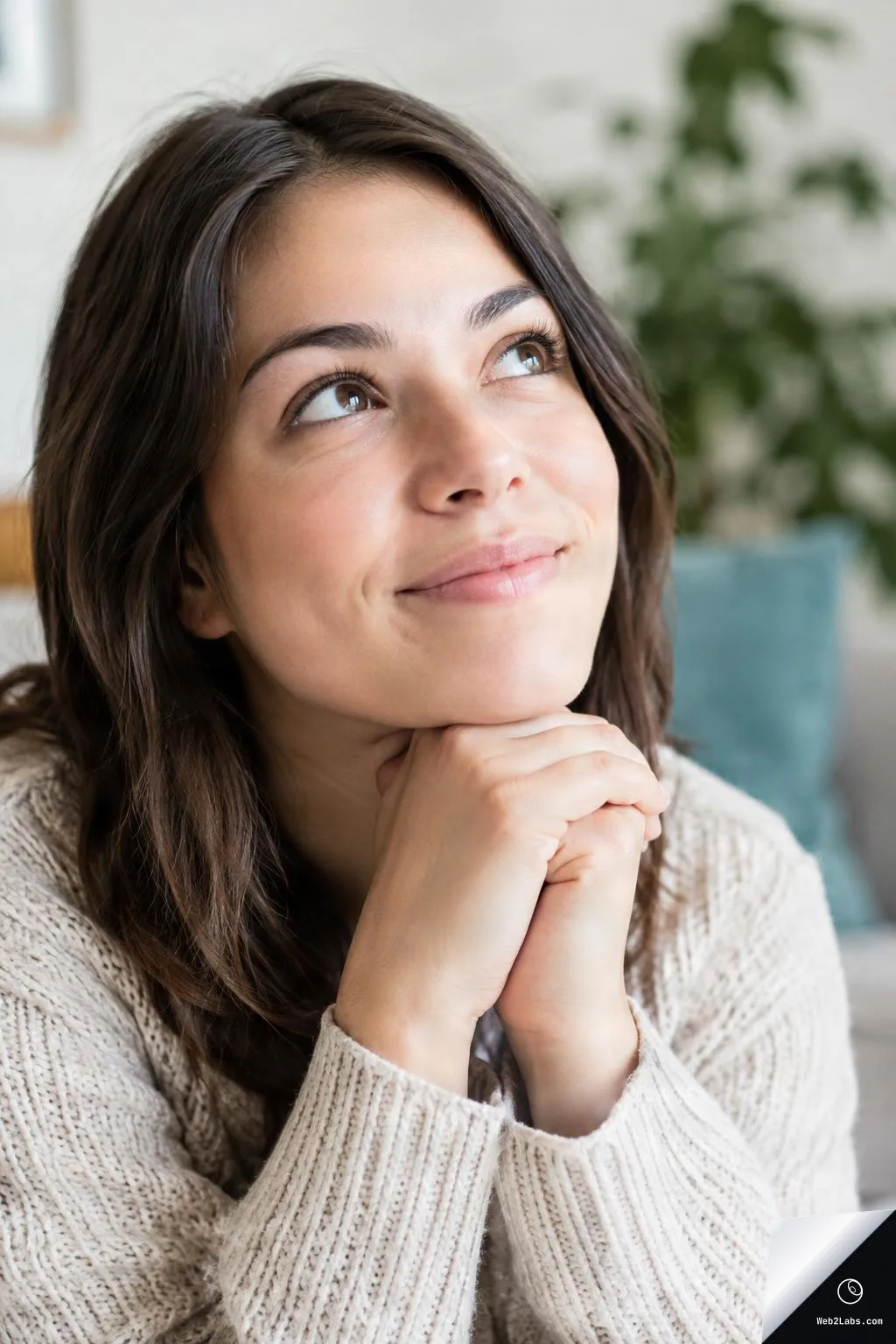 Close-up of a young woman in a knit sweater resting her chin on clasped hands and looking up with a soft smile, indoors with a blurred plant in the background.