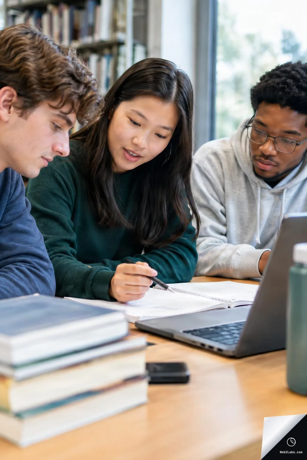 Three students sit at a library table reviewing notes together, with a laptop open and books stacked in the foreground.