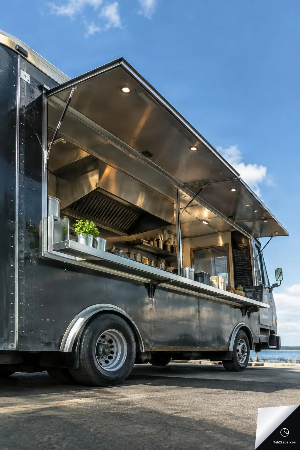 Low-angle vertical photo of a black food truck parked outdoors with the serving hatch open, showing a stainless-steel kitchen interior, shelves with containers and potted herbs, and a blue sky background.
