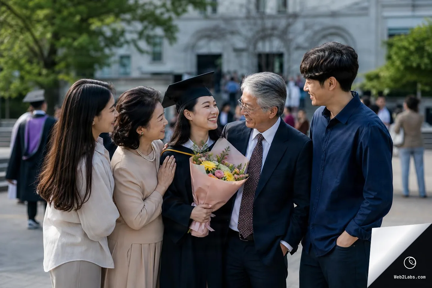 A young woman in a graduation cap and gown holds a bouquet while smiling with her family outside a university building, with other graduates blurred in the background.