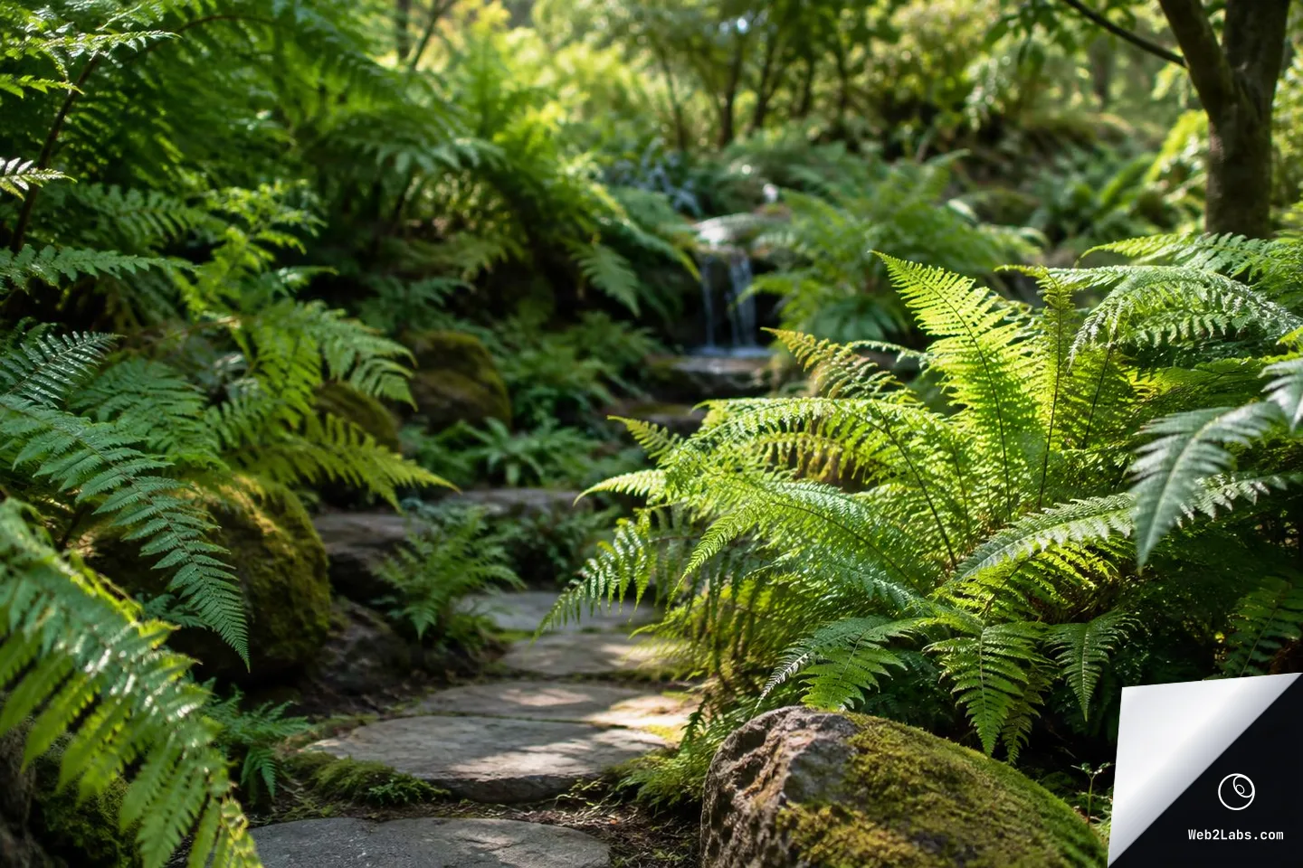 A stone path winding through dense green ferns toward a small waterfall in the background, lit by dappled sunlight in a forest garden.